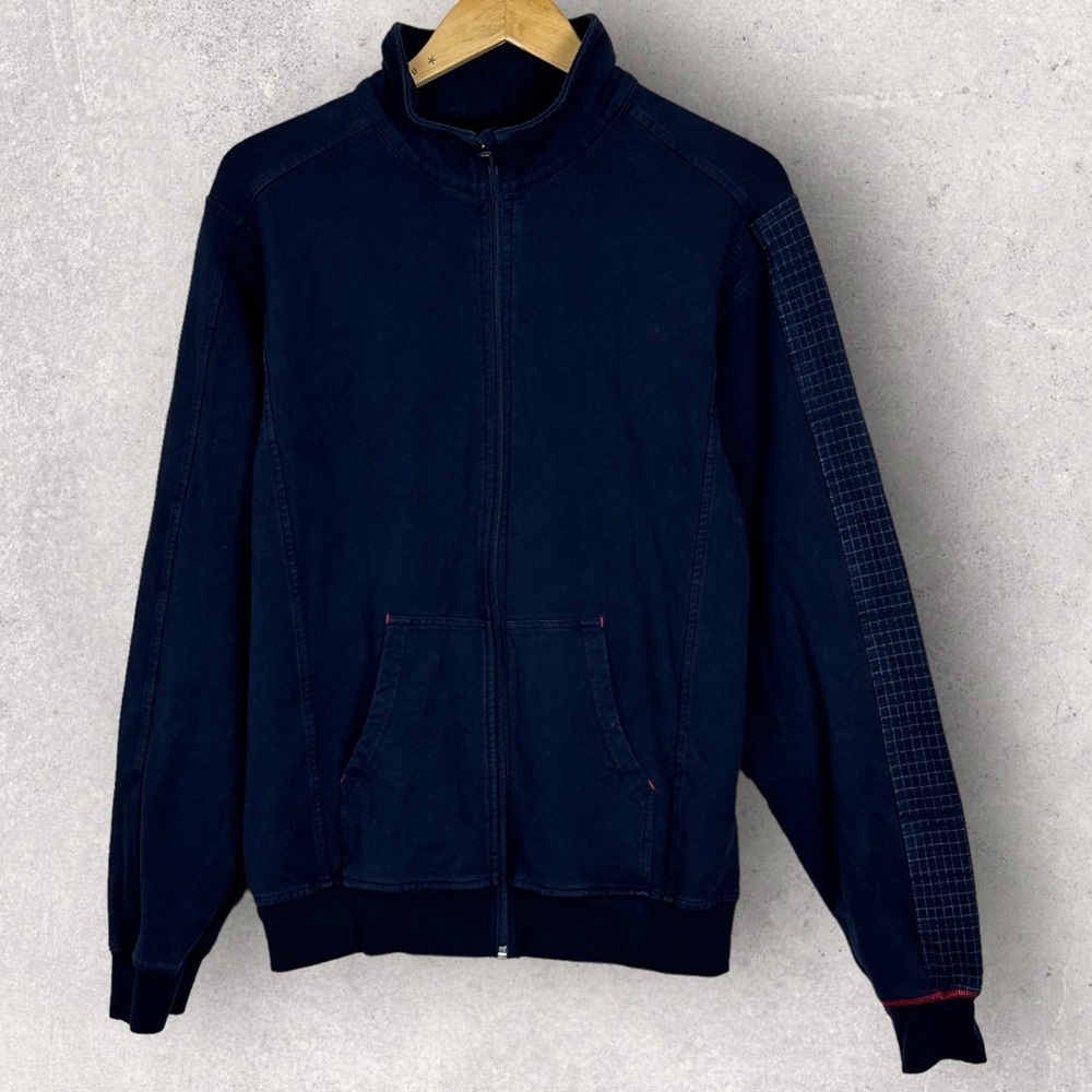 Lululemon Navy‎ Blue Full Zipper Jacket Mens Size Medium Grid Print Pockets Coat